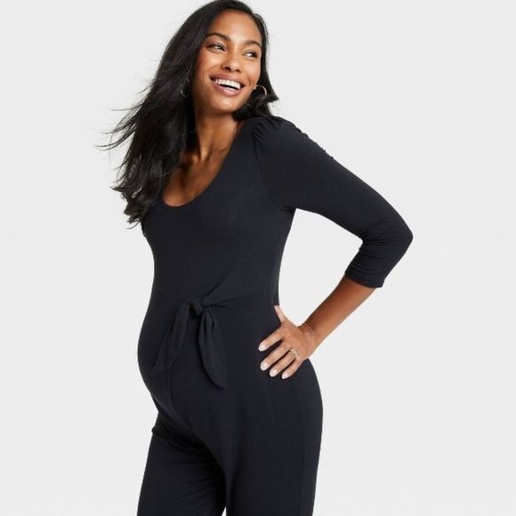 The Nines by HATCH™ Sz Lg 3/4 Sleeve Tie Waist Maternity Jumpsuit Black - Picture 2 of 8